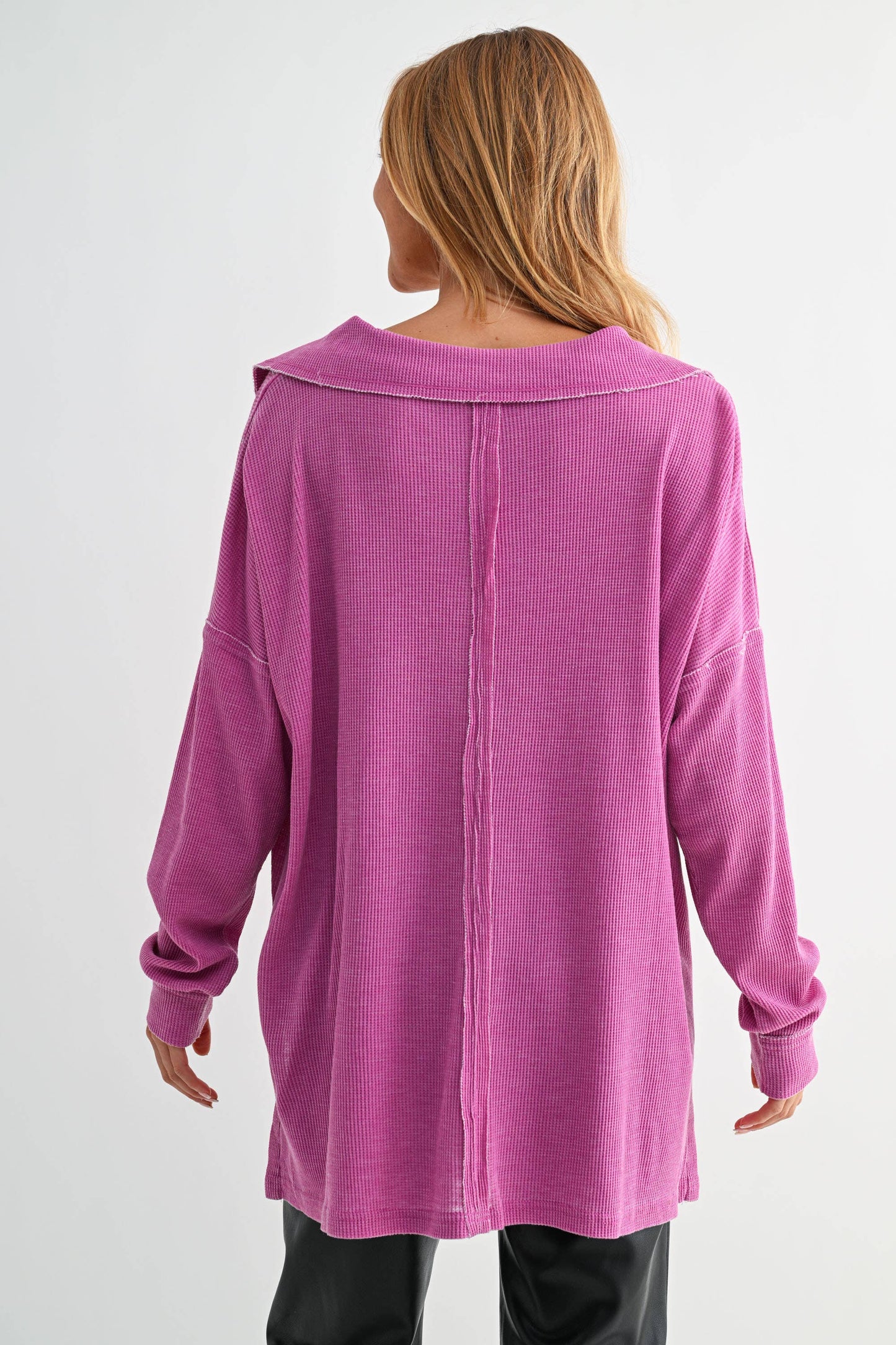 Cotton Blend Waffle Knit Oversized Collared Long Sleeve