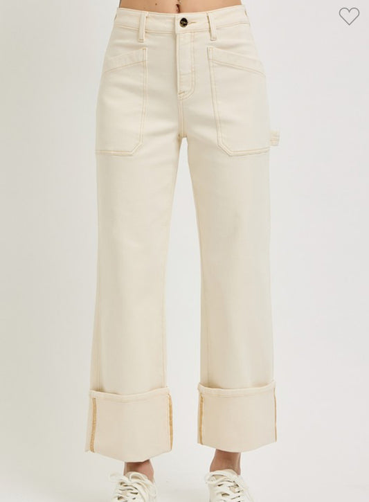 Ivory High Rise Straight Cuffed Denim