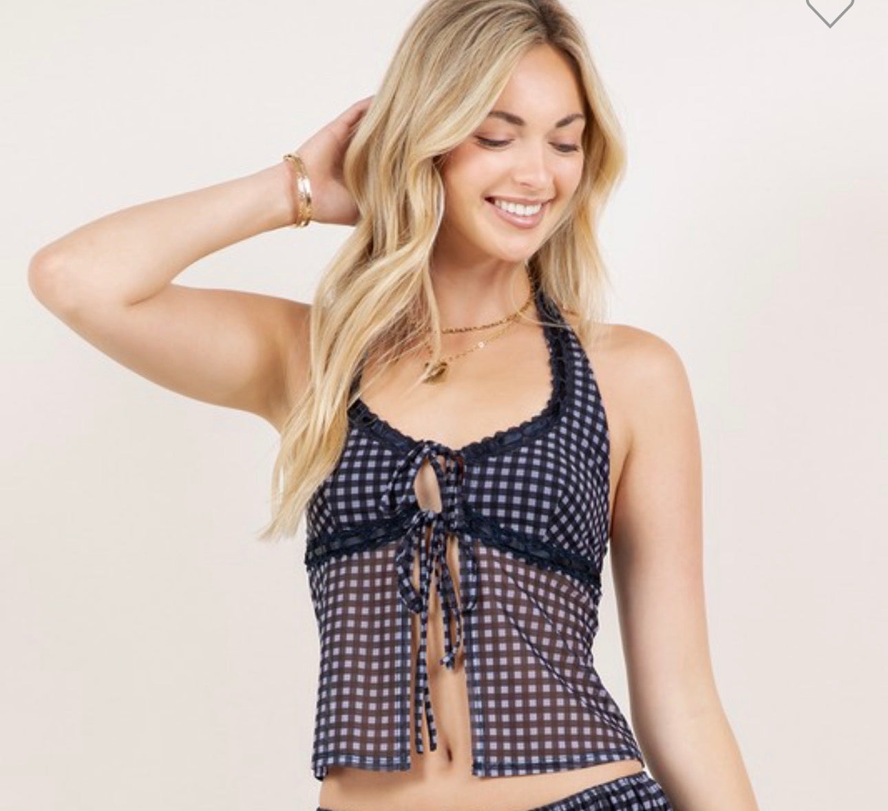 Navy Gingham Halter Mesh Top