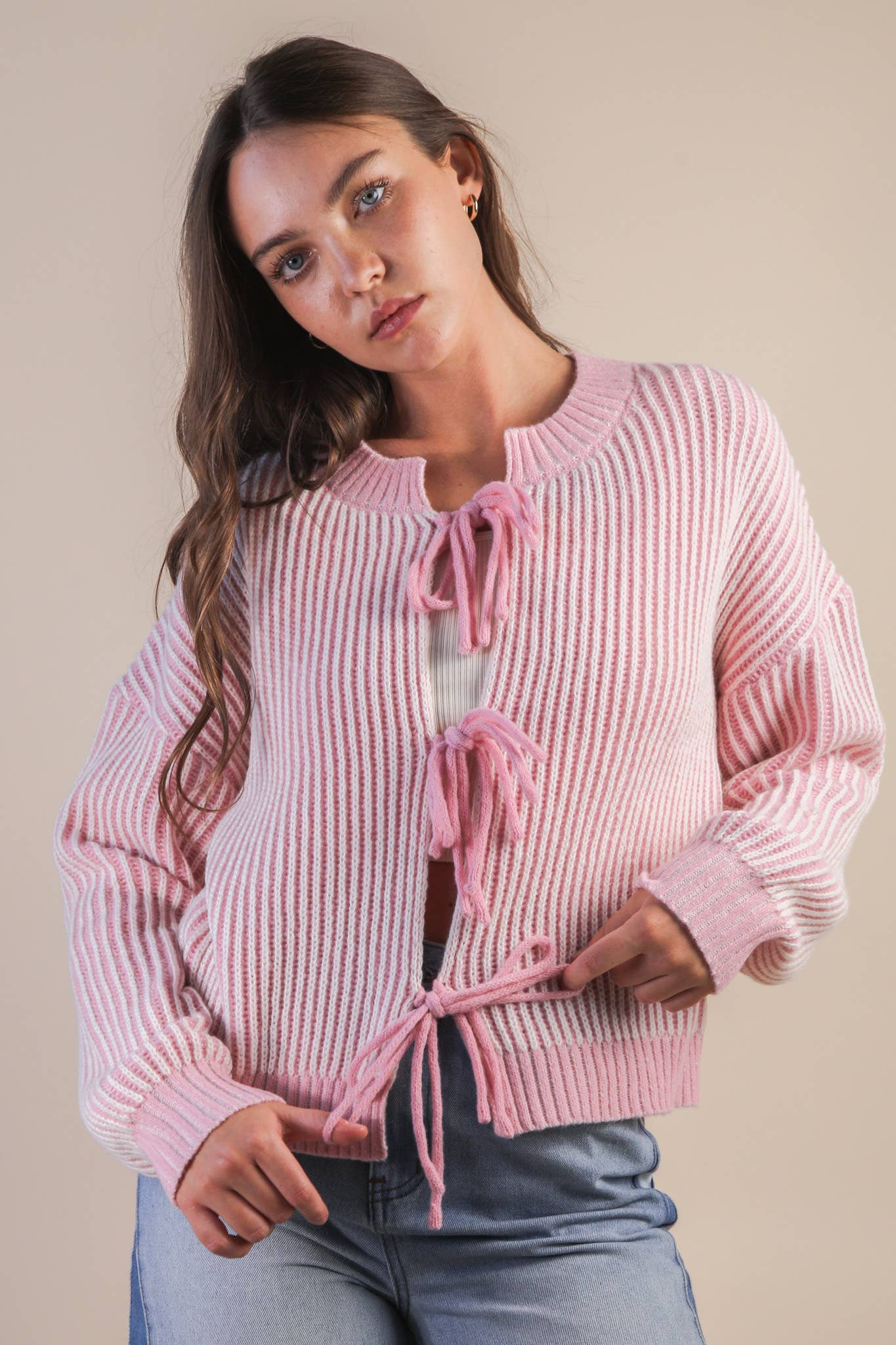 Front Tie Two Tone Knit Cardigan