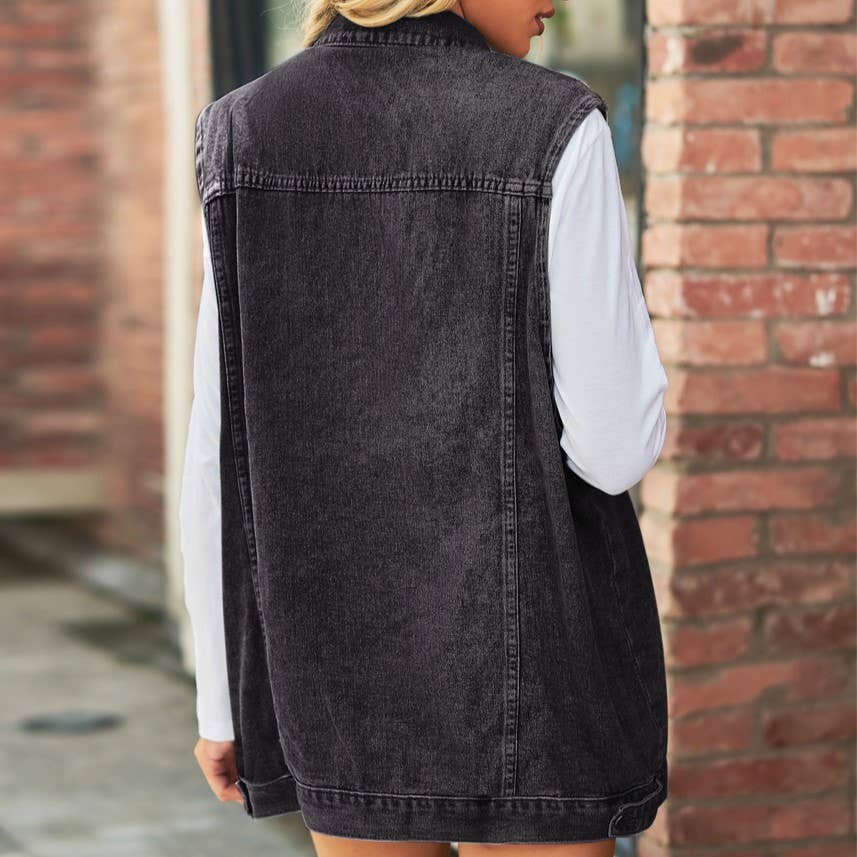 Western Button Down Sleeveless Denim Vest