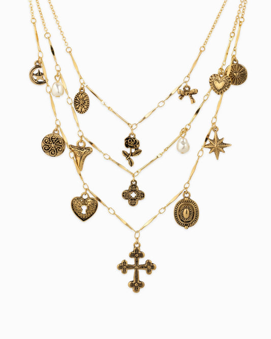 3 Layered Vintage Antique Cross Rose Necklaces