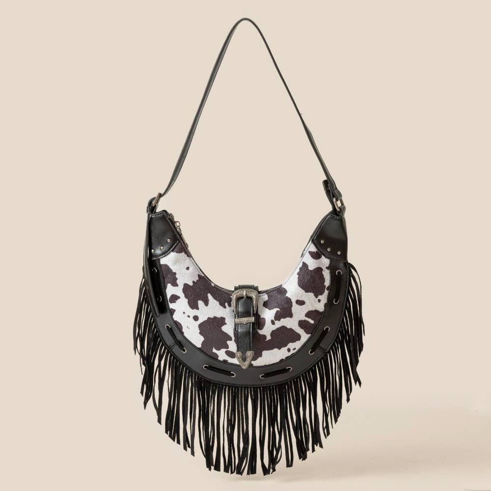 Cow Print Faux Leather Fringe Hobo Bag