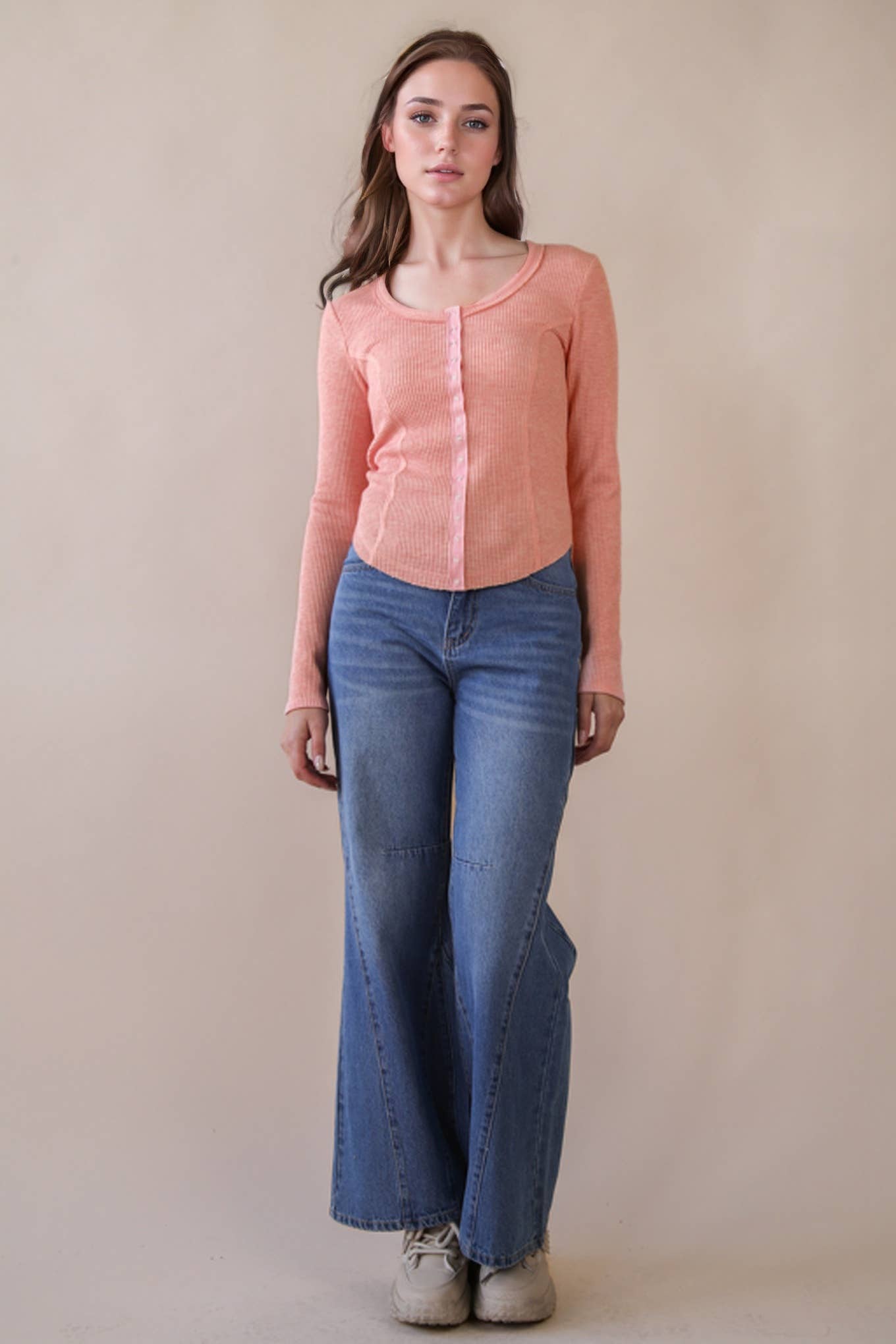 Button Down Fitted Knit Casual Top