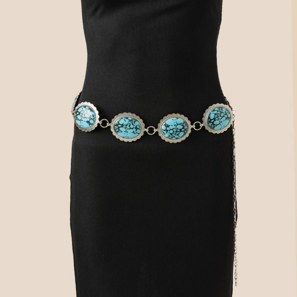 Western Turquoise Stone Oval Concho Disc Chain Belt