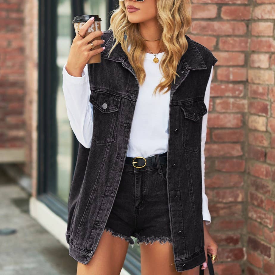 Western Button Down Sleeveless Denim Vest