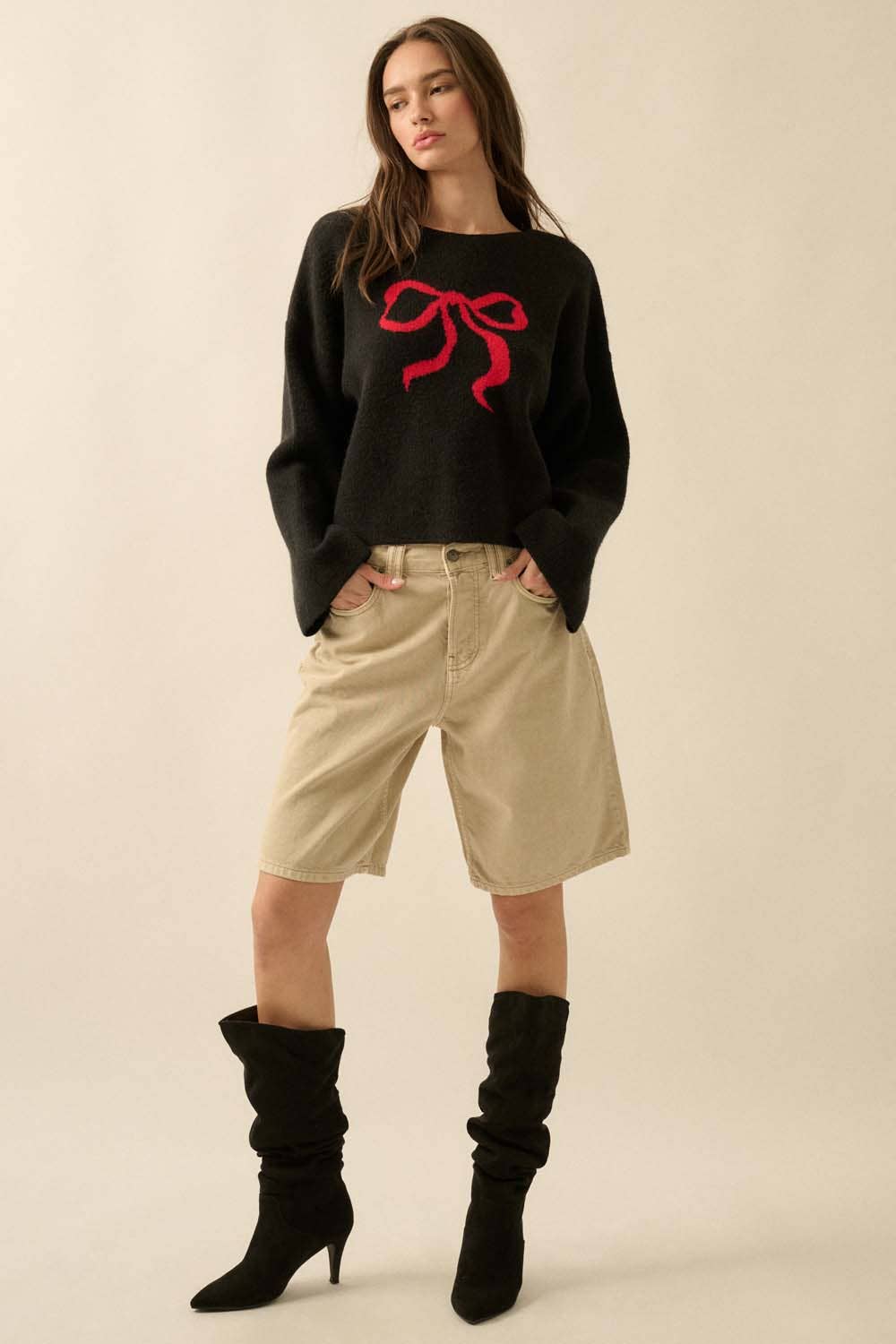 Solid Contrasting Ribbon-Bow Knit Sweater