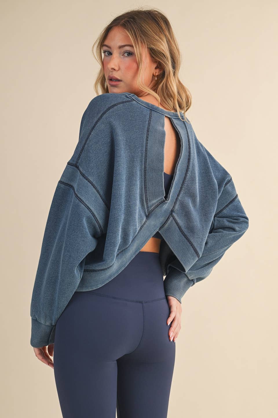 Denim Wash Cutout Back Layering Fleece-Lined Sweatshirt