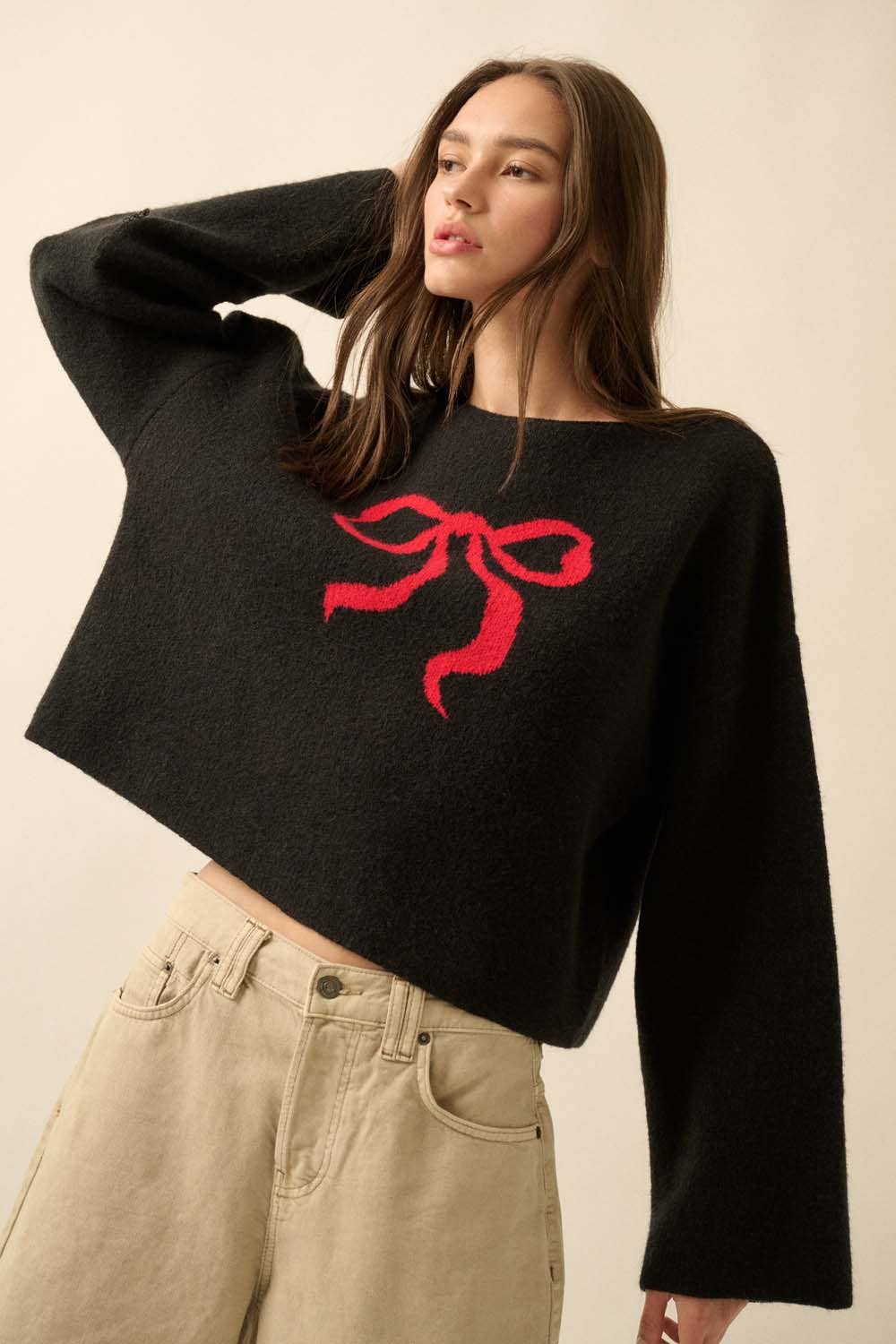 Solid Contrasting Ribbon-Bow Knit Sweater