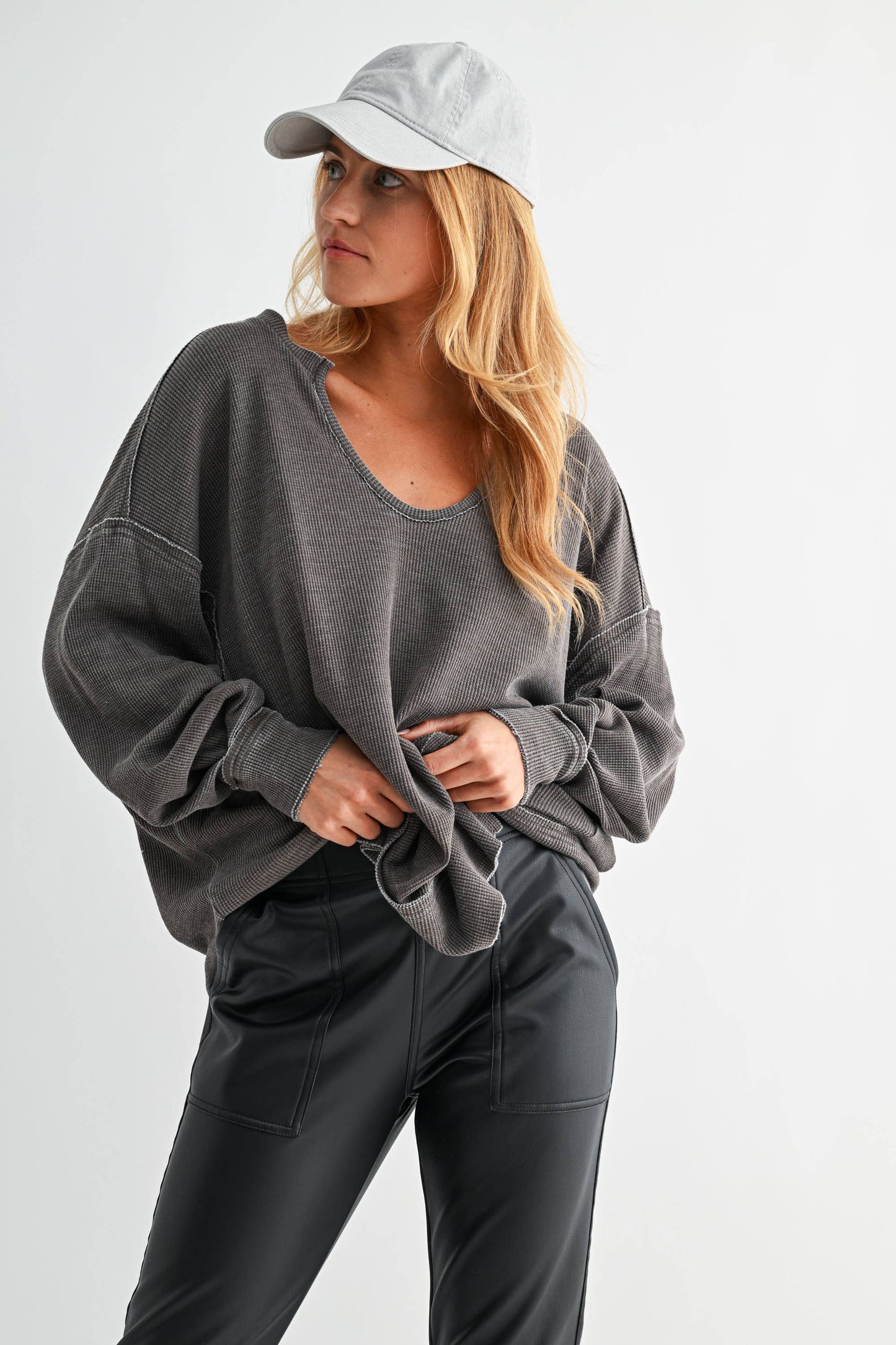 Cotton Blend Waffle Knit Oversized Long Sleeve