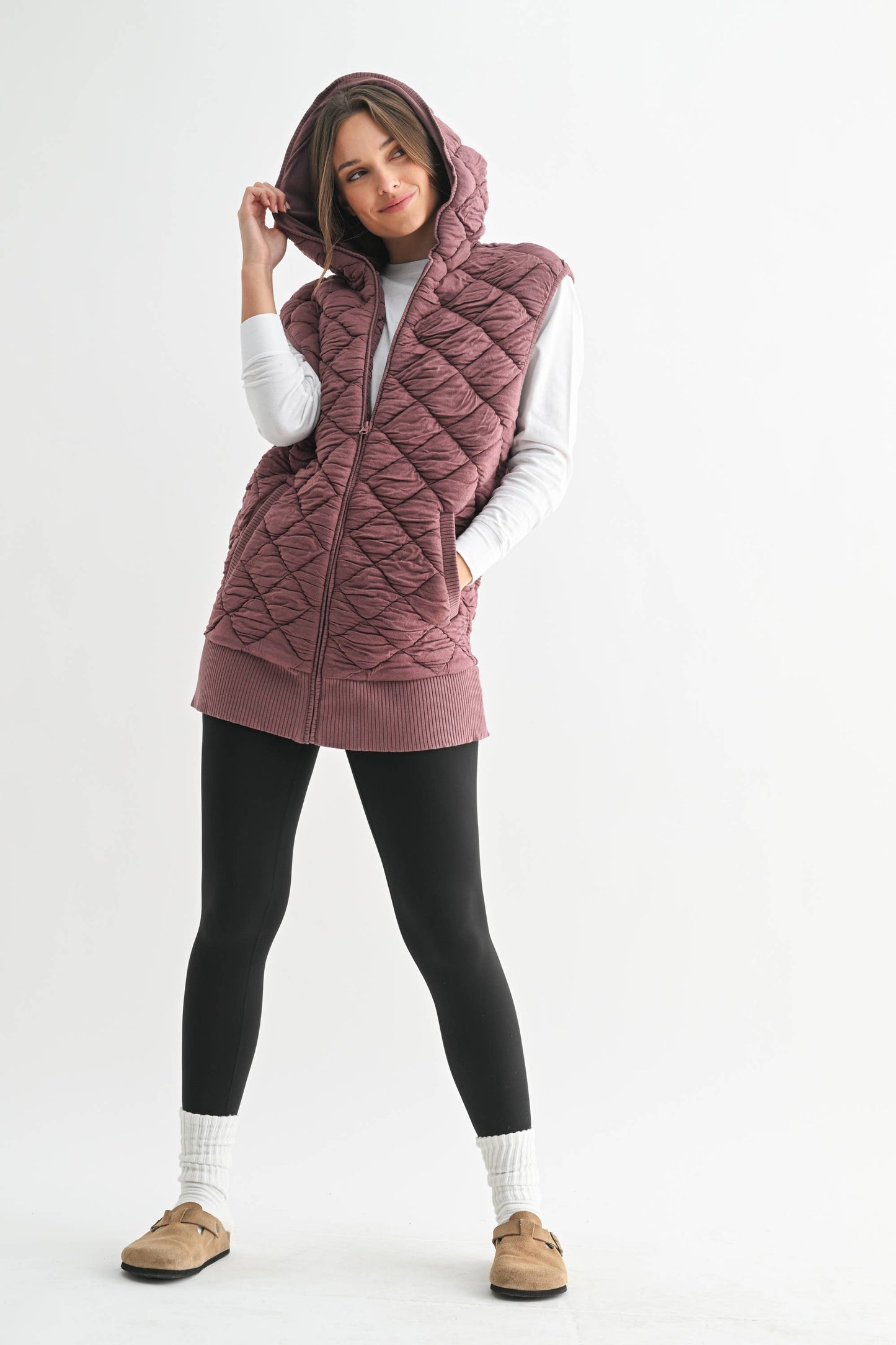Oversized Quilted Fleece Vest with Hood