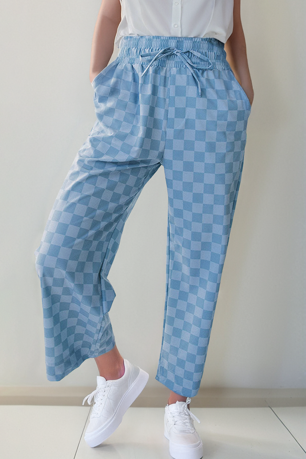 Checkered Elastic High Waist Loose Casual Pants