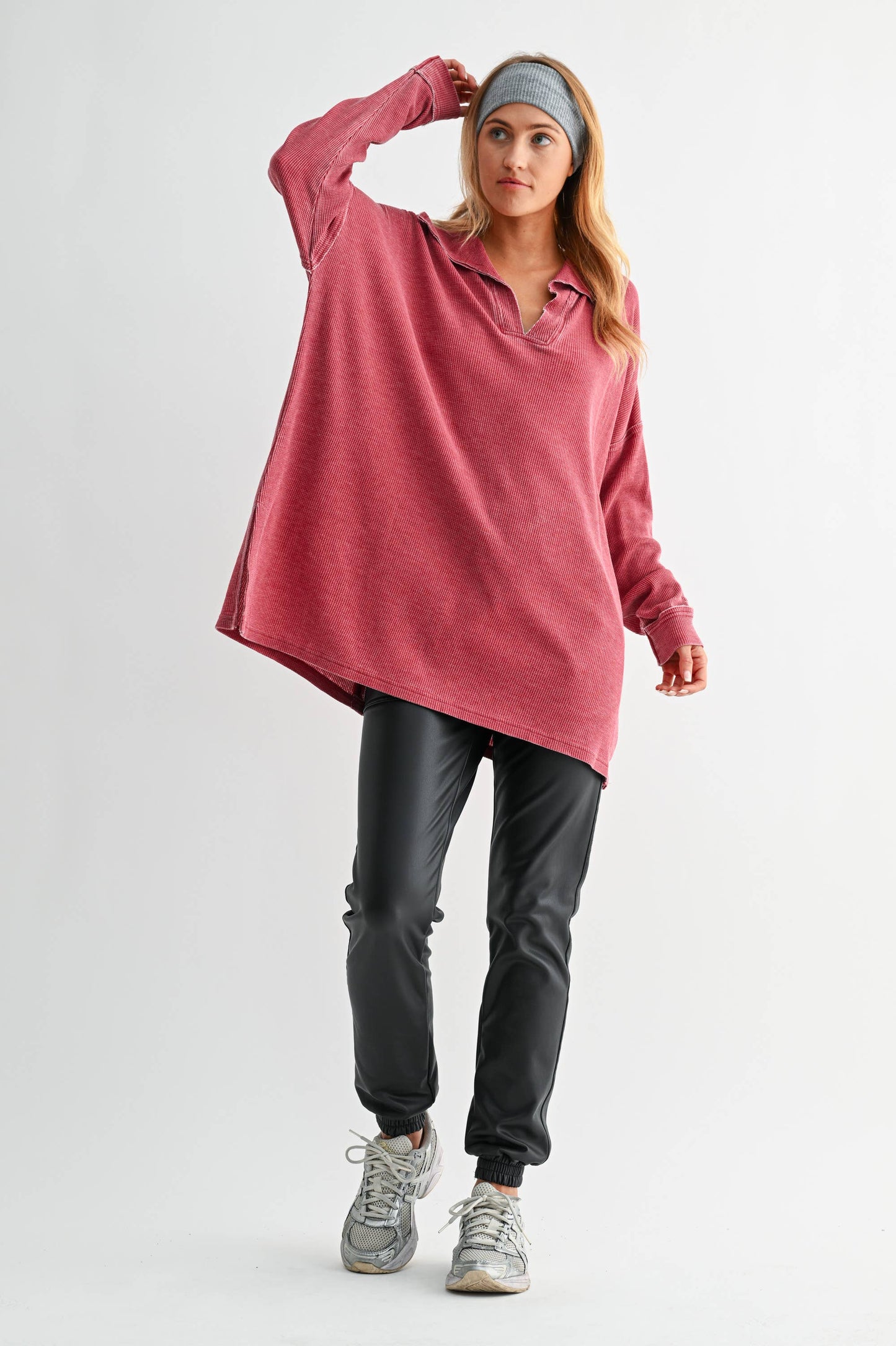 Cotton Blend Waffle Knit Oversized Collared Long Sleeve