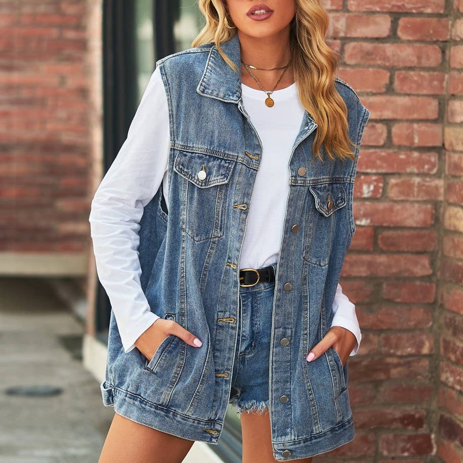Western Button Down Sleeveless Denim Vest