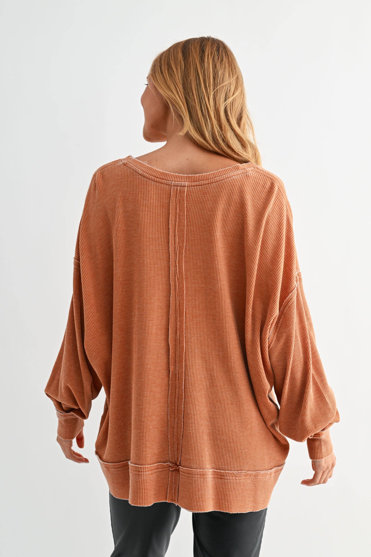 Cotton Blend Waffle Knit Oversized Long Sleeve