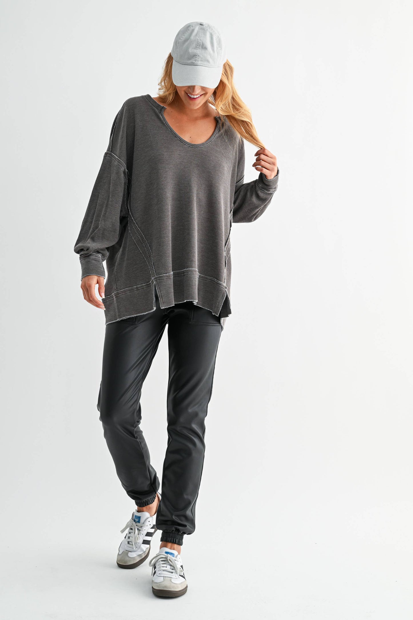 Cotton Blend Waffle Knit Oversized Long Sleeve