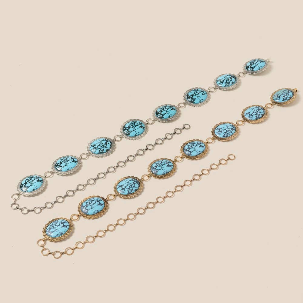 Western Turquoise Stone Oval Concho Disc Chain Belt