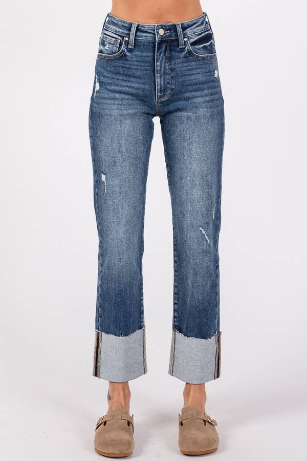 HIGH RISE STRETCH SLIM STRAIGHT W/ CUFFED HEM