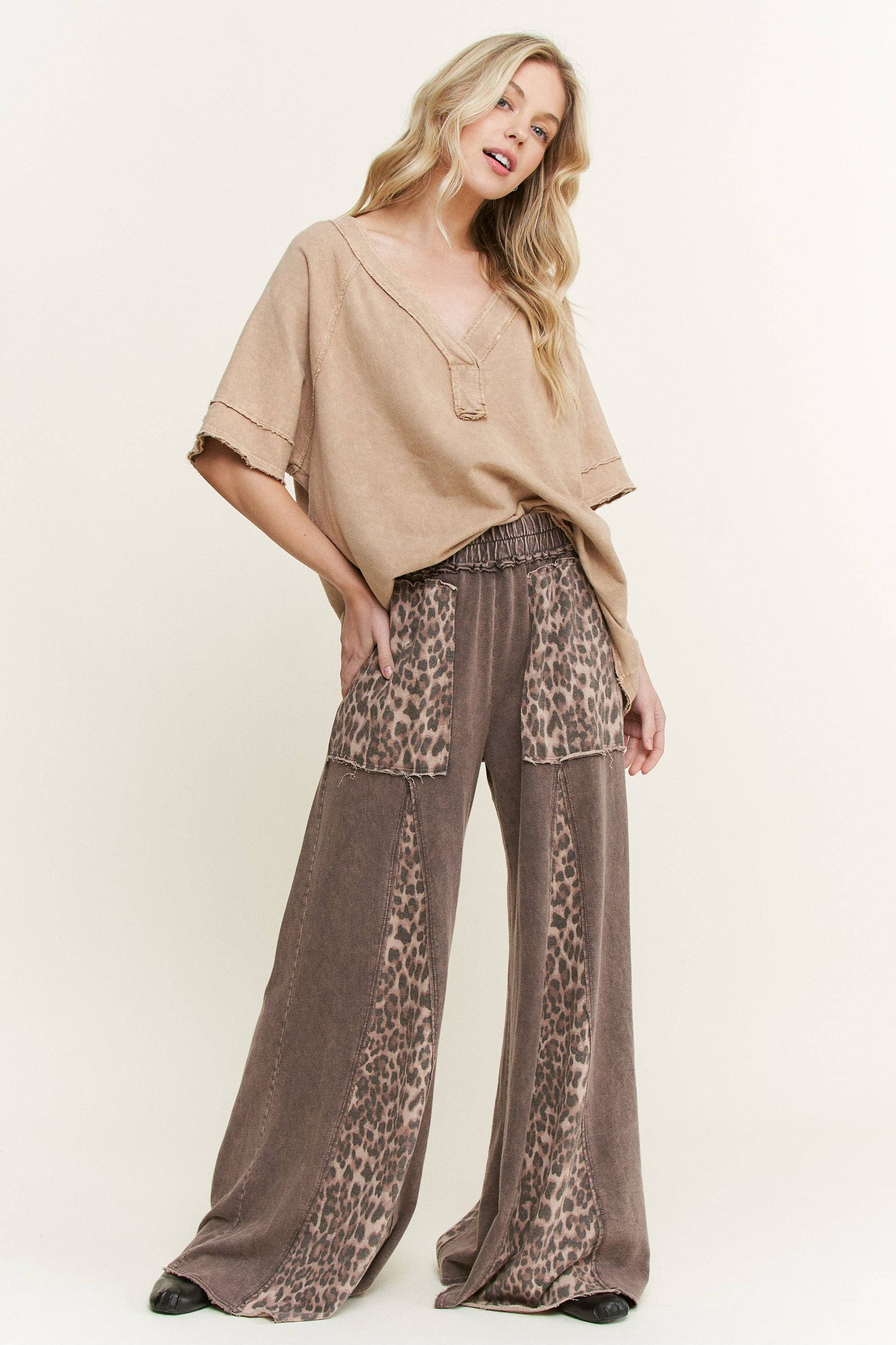 Mineral Washed Leopard Animal Print Flare Pants HP5783P1