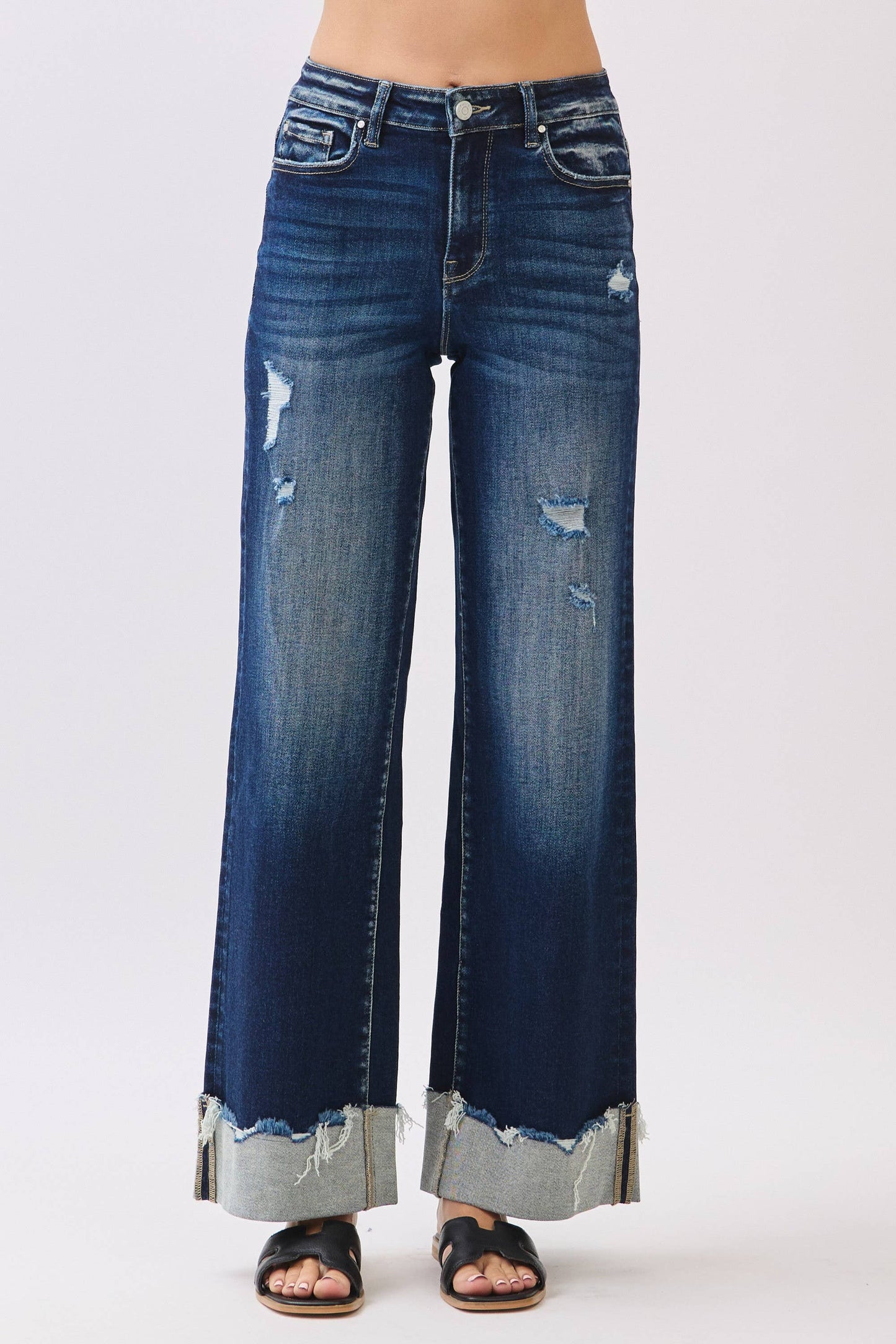 HIGH RISE STRETCH WIDE LEG W/ CUFFED HEM JEANS